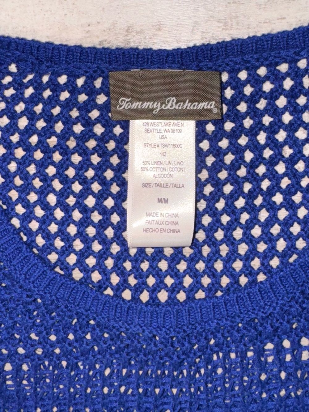 Tommy Bahama Blue Crochet Knit Swim Cover Up Tunic Cotton Linen Beach Sweater - Picture 6 of 9
